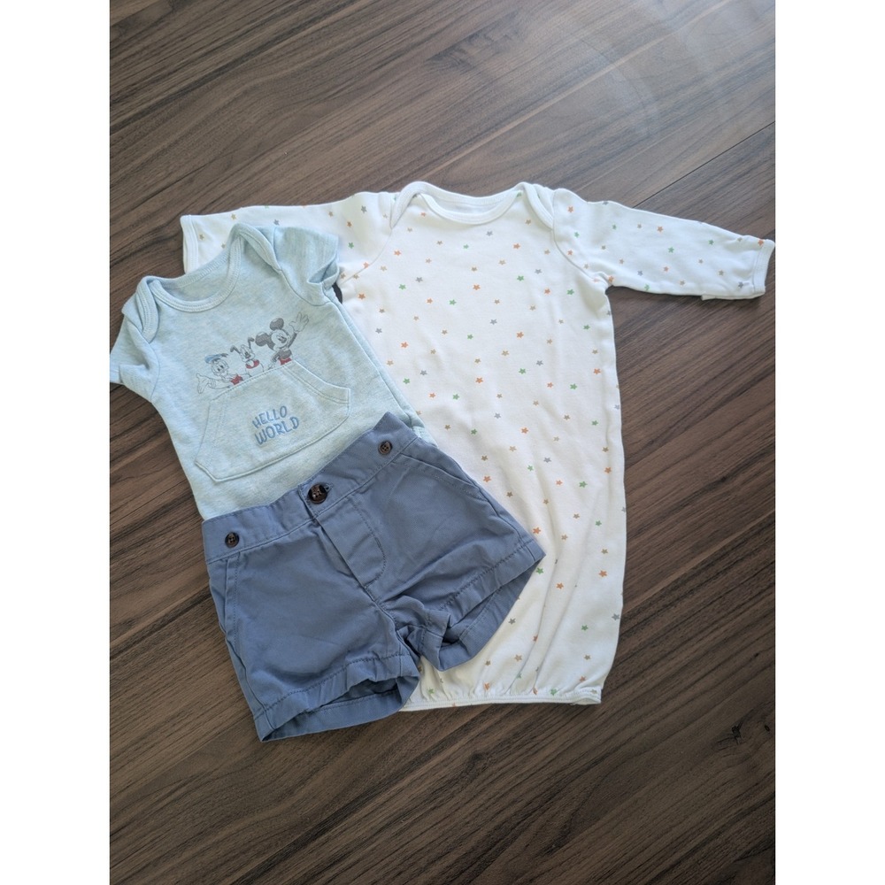 Mixed Brands 0-3M 3pc Disney Bodysuit Shorts Sleeper Mickey Donald Blue